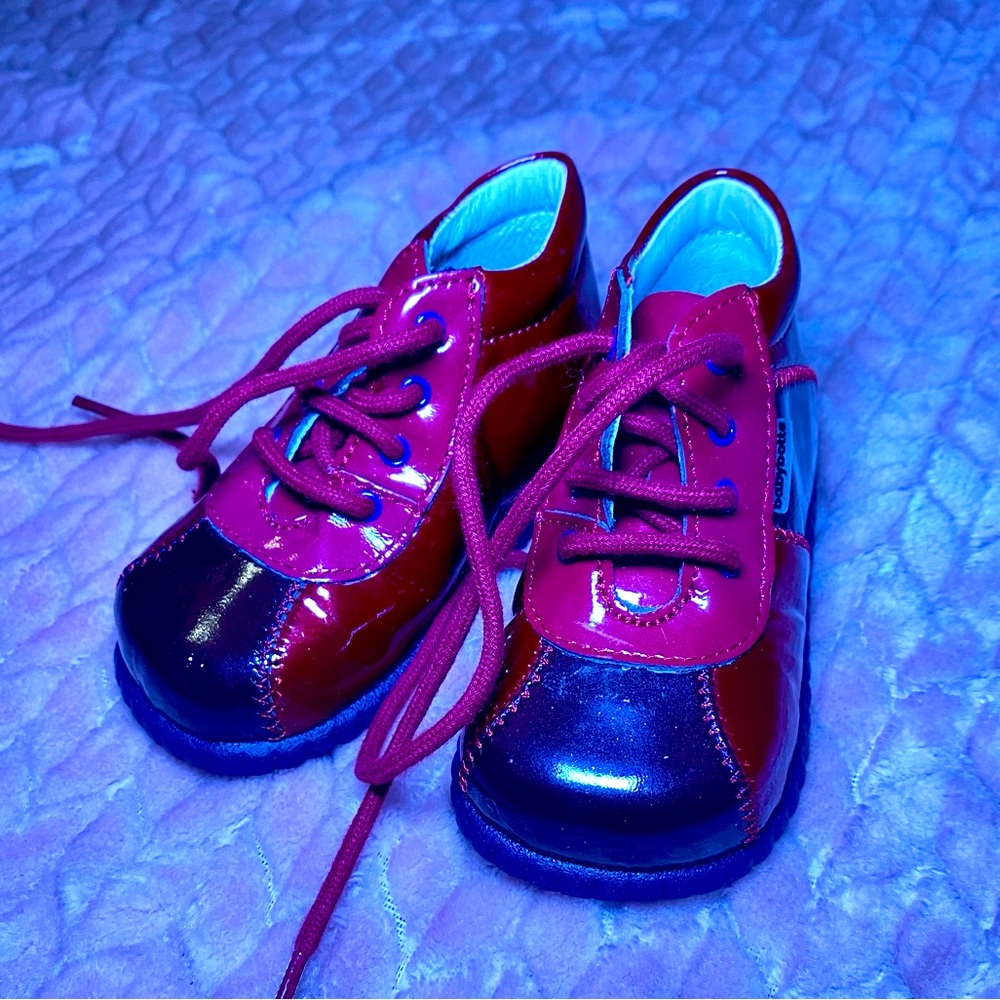 VGUC Baby Boot Shoe Ankle Bootie Lace Up Maroon Pink Colorful French